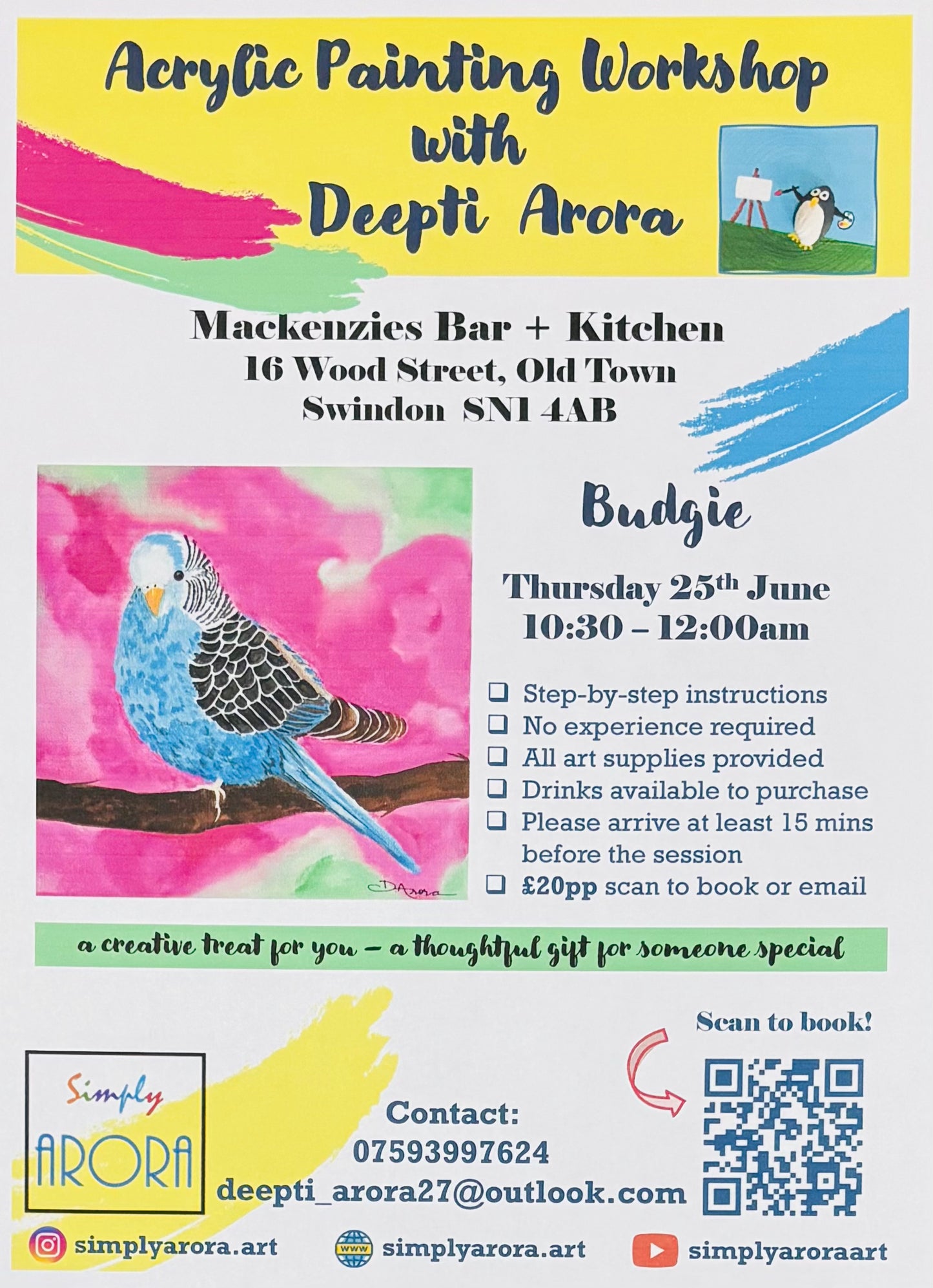 Mackenzies 25th June, 10:30-12, Budgie painting workshop