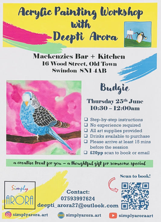 Mackenzies 25th June, 10:30-12, Budgie painting workshop